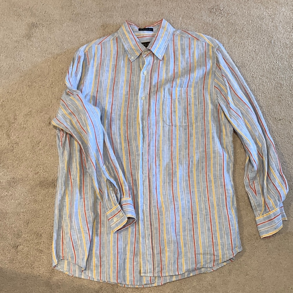 W.H. Belk Striped Linen Button Down Shirt - XL; Blue, Orange, Yellow, Tan